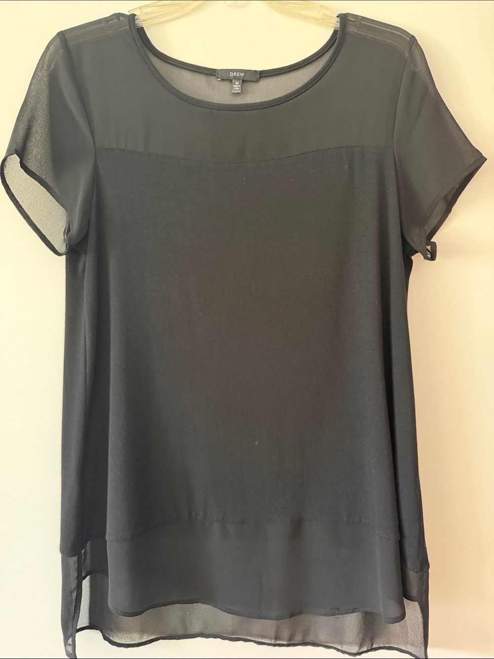 DREW Black Short Sleeve Sheer Yoke & Hem Top